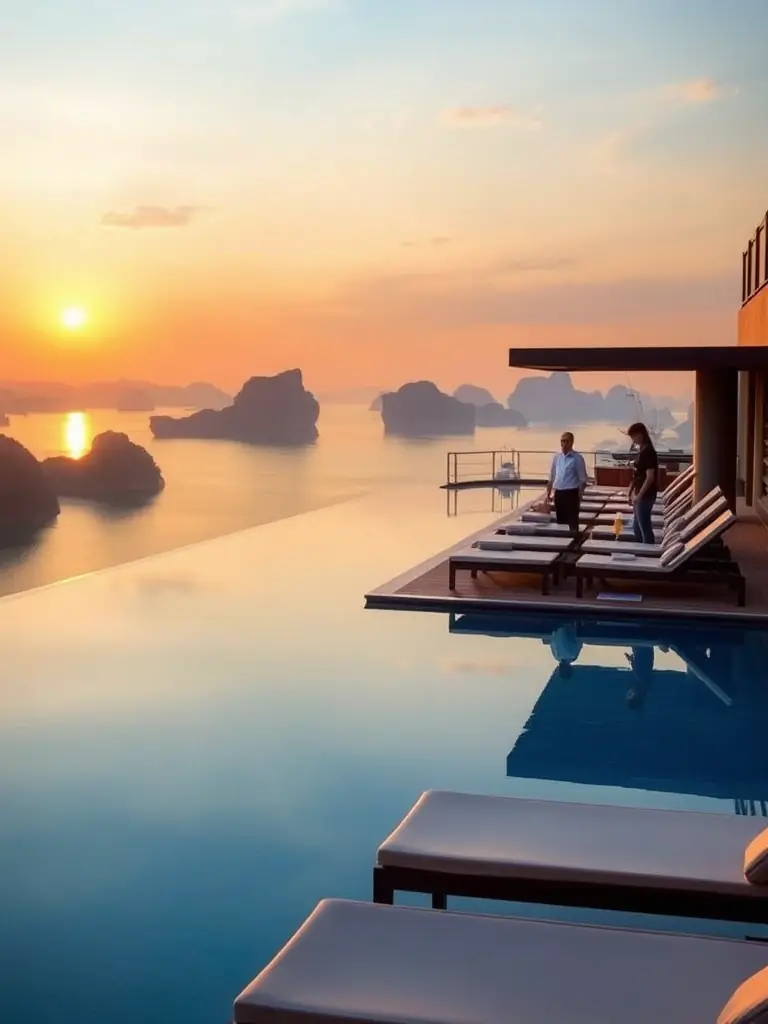 A serene image of the infinity pool at Marina Suite Residence, overlooking Ha Long Bay at sunset, with comfortable lounge chairs and attentive staff.