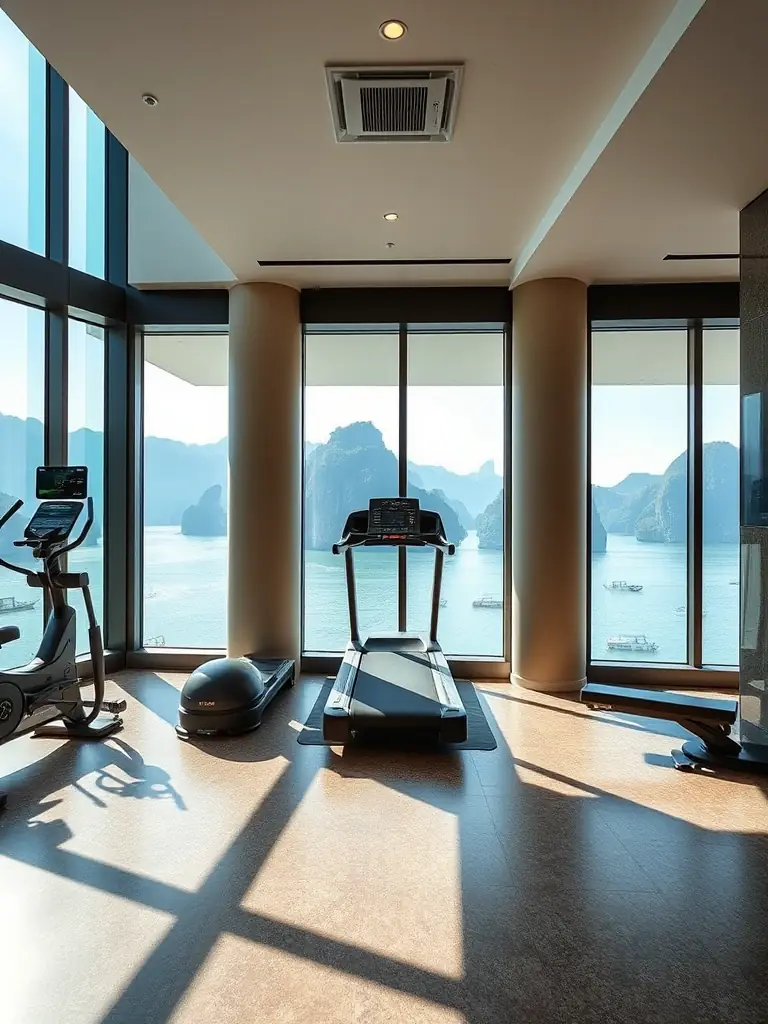 A modern and well-equipped fitness center at Marina Suite Residence, featuring state-of-the-art equipment and floor-to-ceiling windows with bay views.