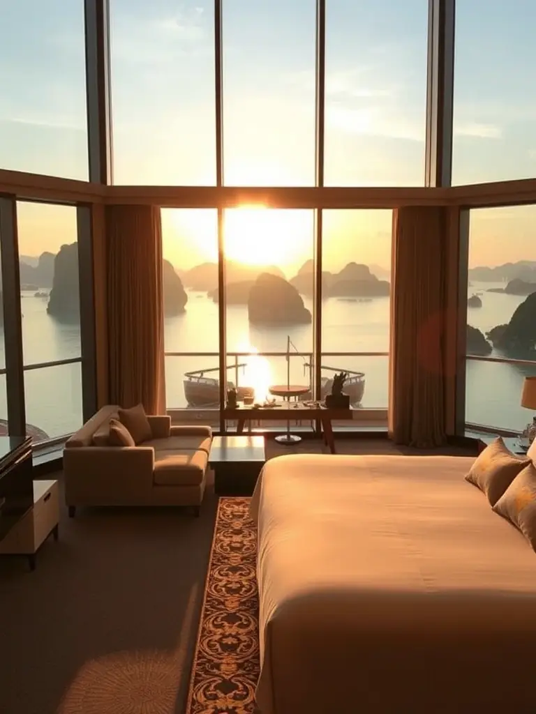 A photograph of the Marina Suite Residence's Ocean View Suite, showcasing its floor-to-ceiling windows with a panoramic view of Ha Long Bay at sunset. The suite features a king-size bed, a modern seating area, and elegant decor.