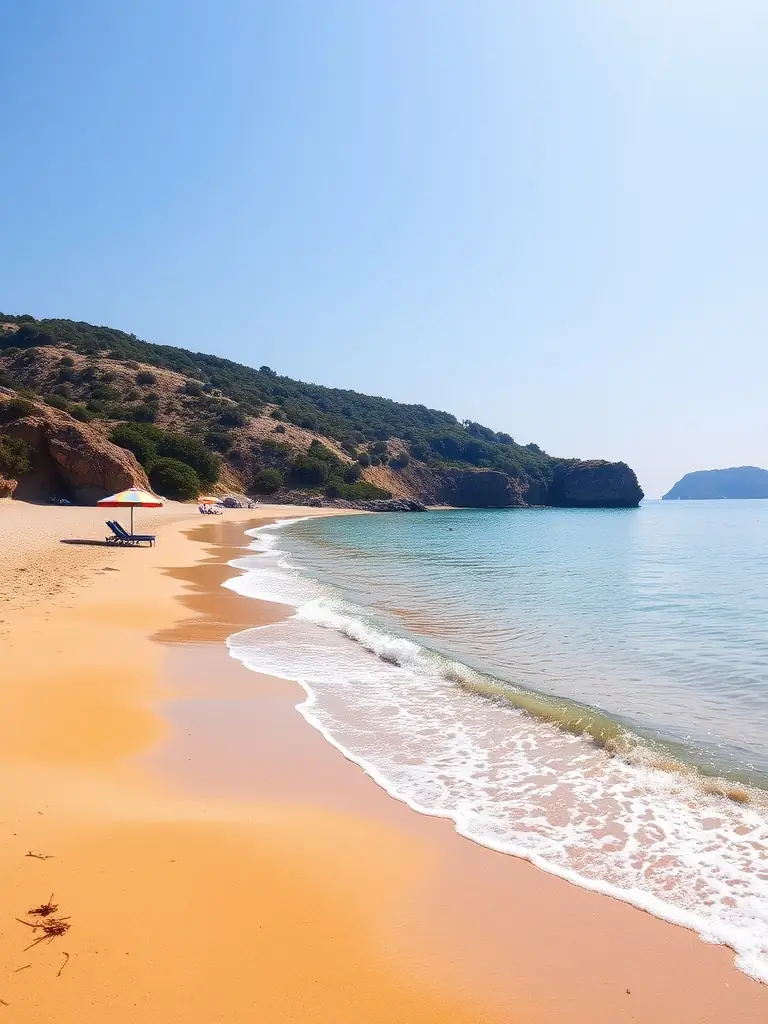 A picture of the private beach access available to guests at Marina Suite Residence, with white sand, clear water, and comfortable beach chairs.