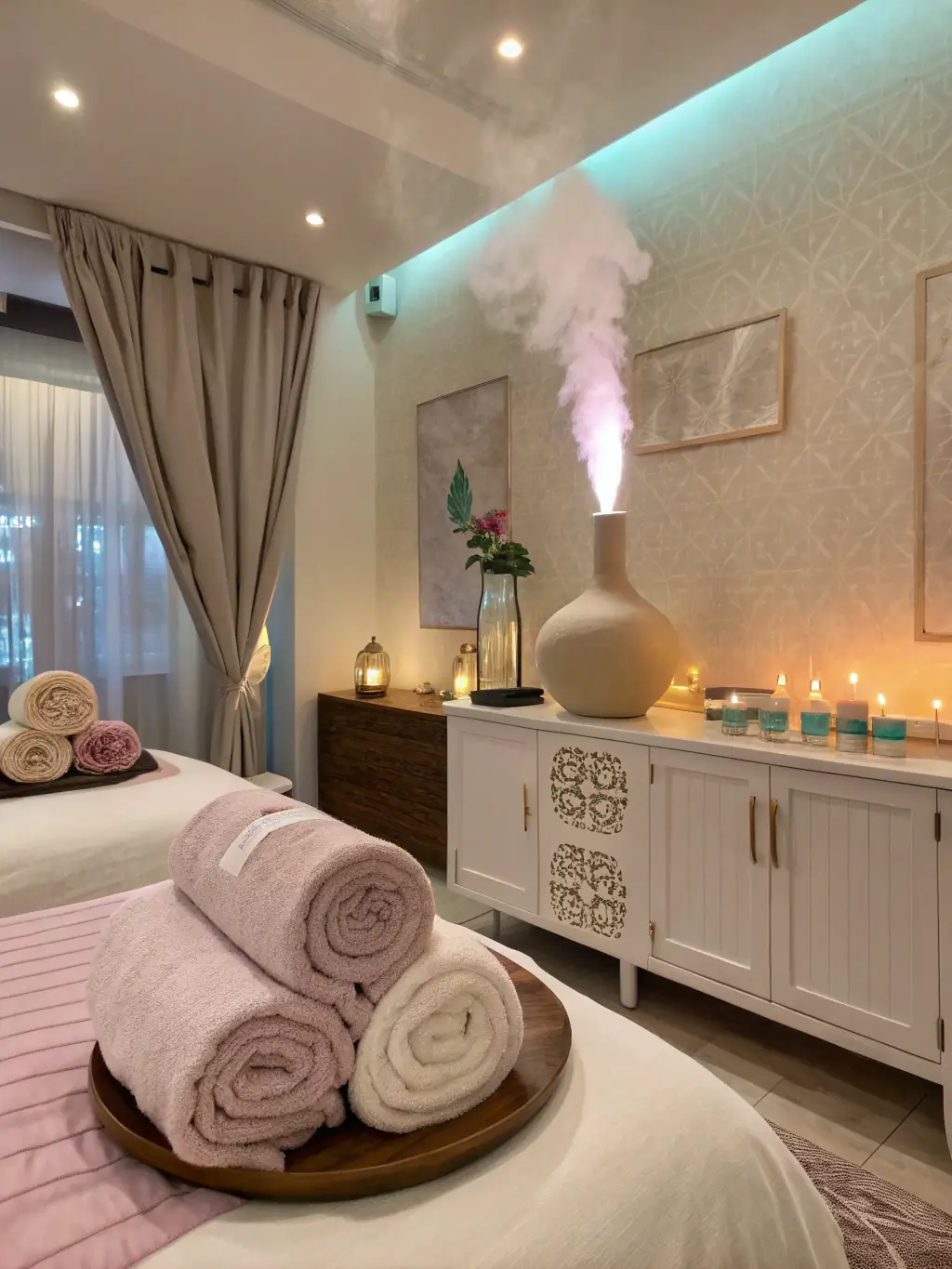 An image of the luxurious spa at Marina Suite Residence, showcasing a massage room with soft lighting, plush towels, and aromatherapy diffusers.