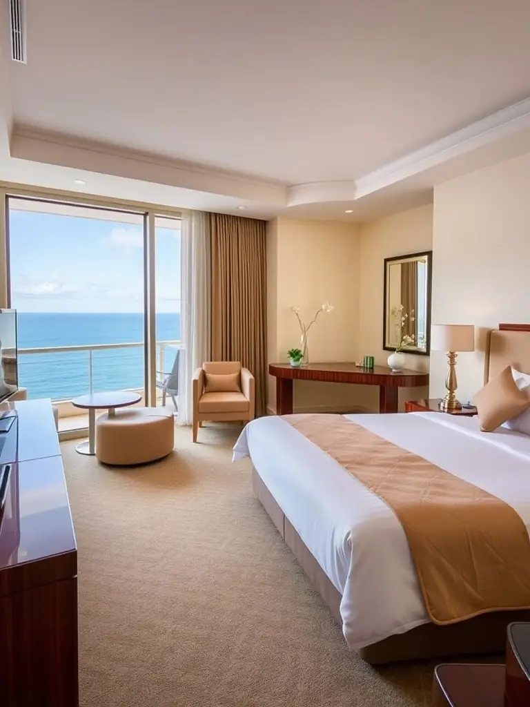 A photograph of the Marina Suite Residence's Deluxe Room, highlighting its spacious layout, contemporary design, and private balcony overlooking the marina. The room includes a plush king-size bed, a work desk, and a stylish bathroom.